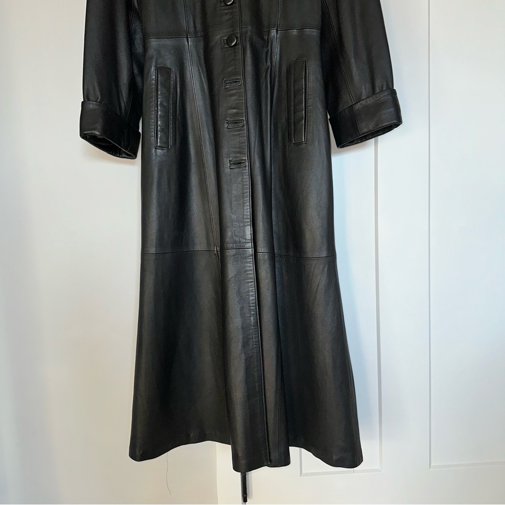Besikler European Belted Full Length Leather Trench Coat Black size S - Picture 5 of 12